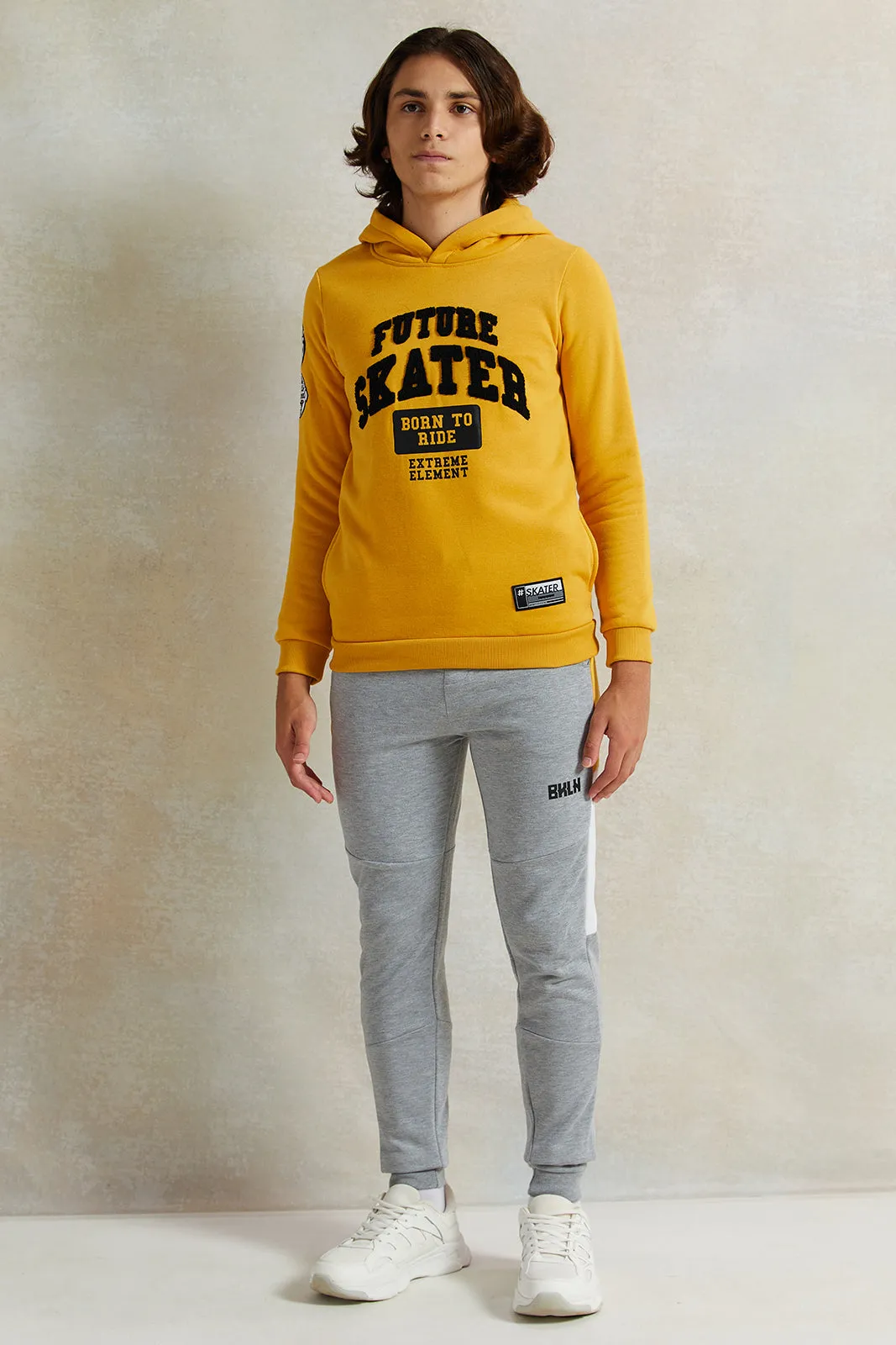 Senior Boys Mustard Printed Hooded Sweatshirt