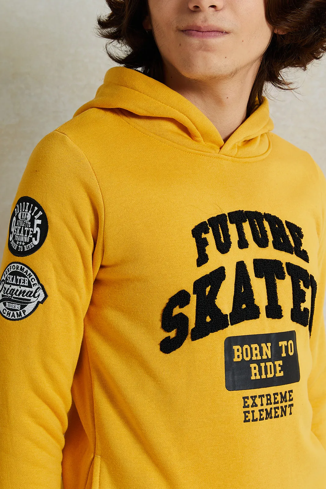 Senior Boys Mustard Printed Hooded Sweatshirt