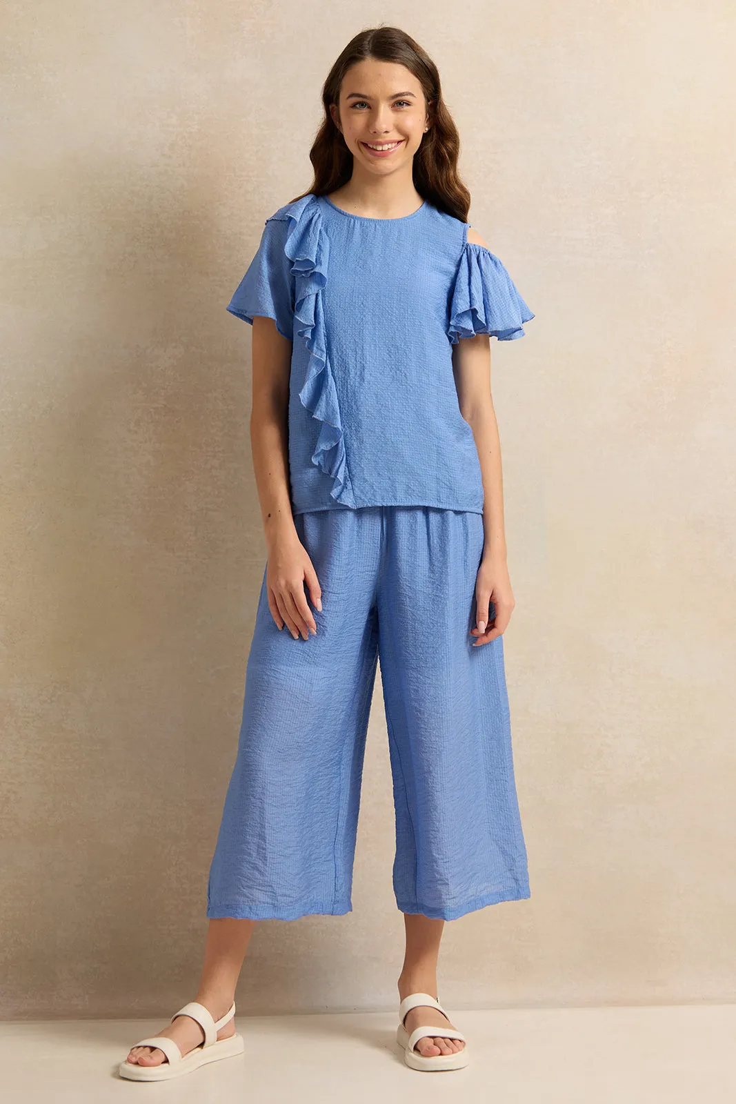 Senior Girls Blue Jacquard Wide Leg Trousers