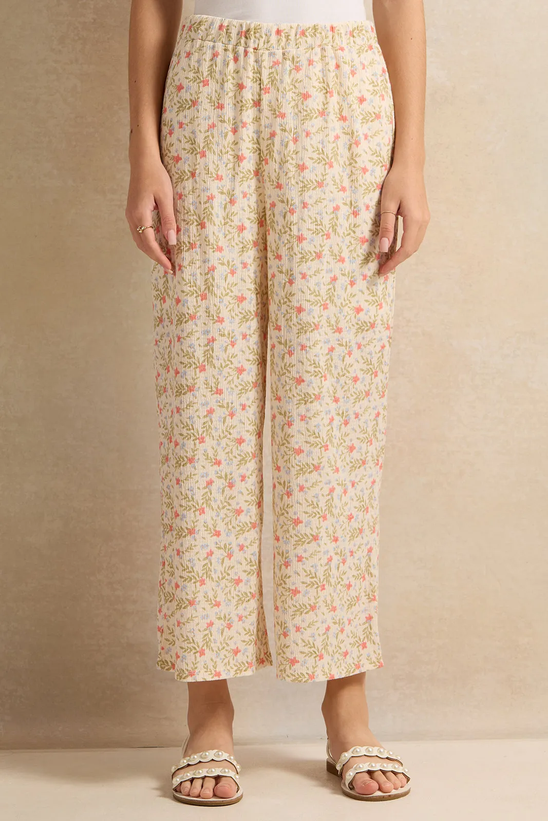 Senior Girls Cream Wide Leg Printed Trousers