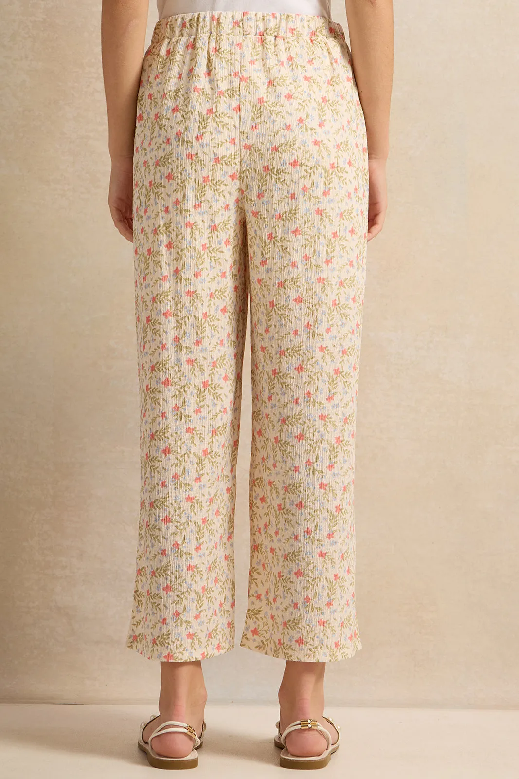 Senior Girls Cream Wide Leg Printed Trousers