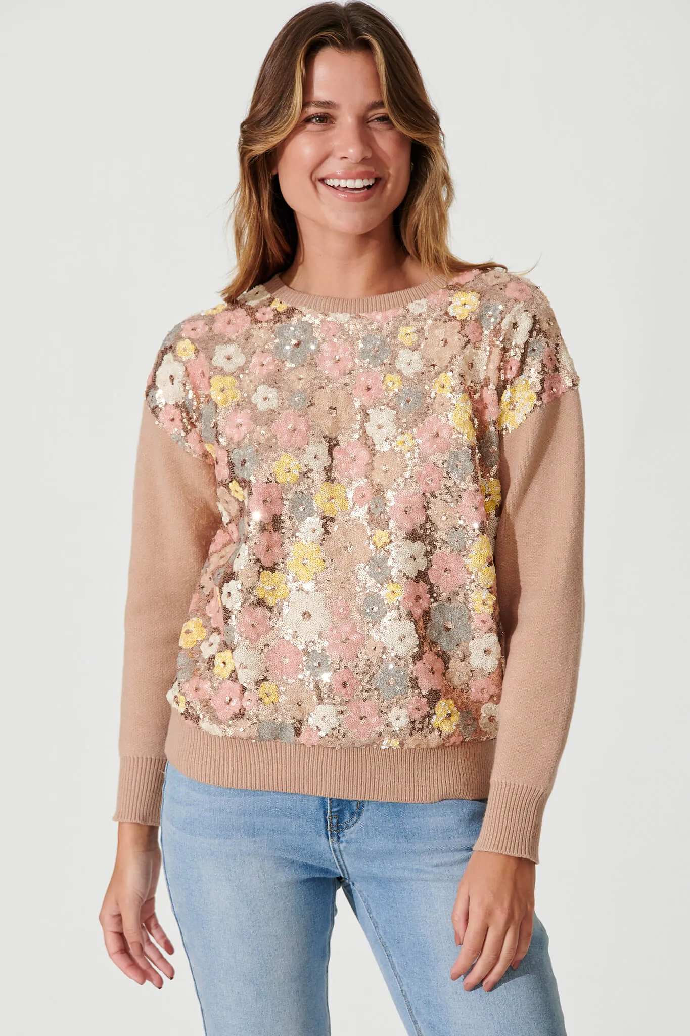 Sette Knit In Brown With Flower Sequin Wool Blend