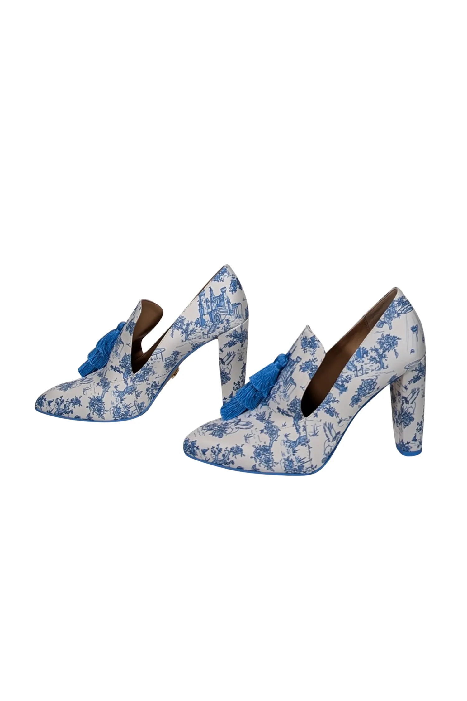 She Is Cheval - White & Blue Toile Print Satin Heels Sz 8.5