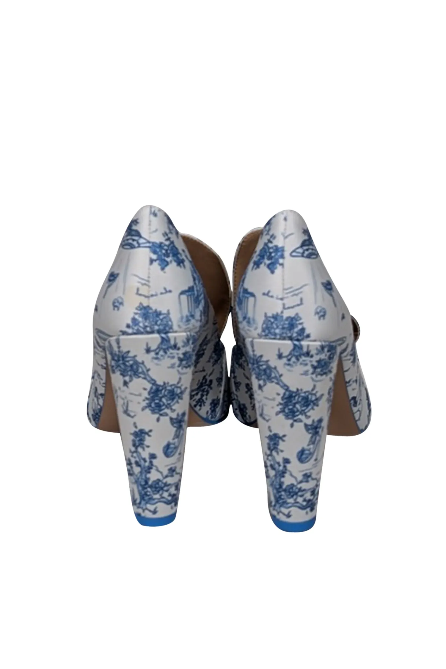 She Is Cheval - White & Blue Toile Print Satin Heels Sz 8.5