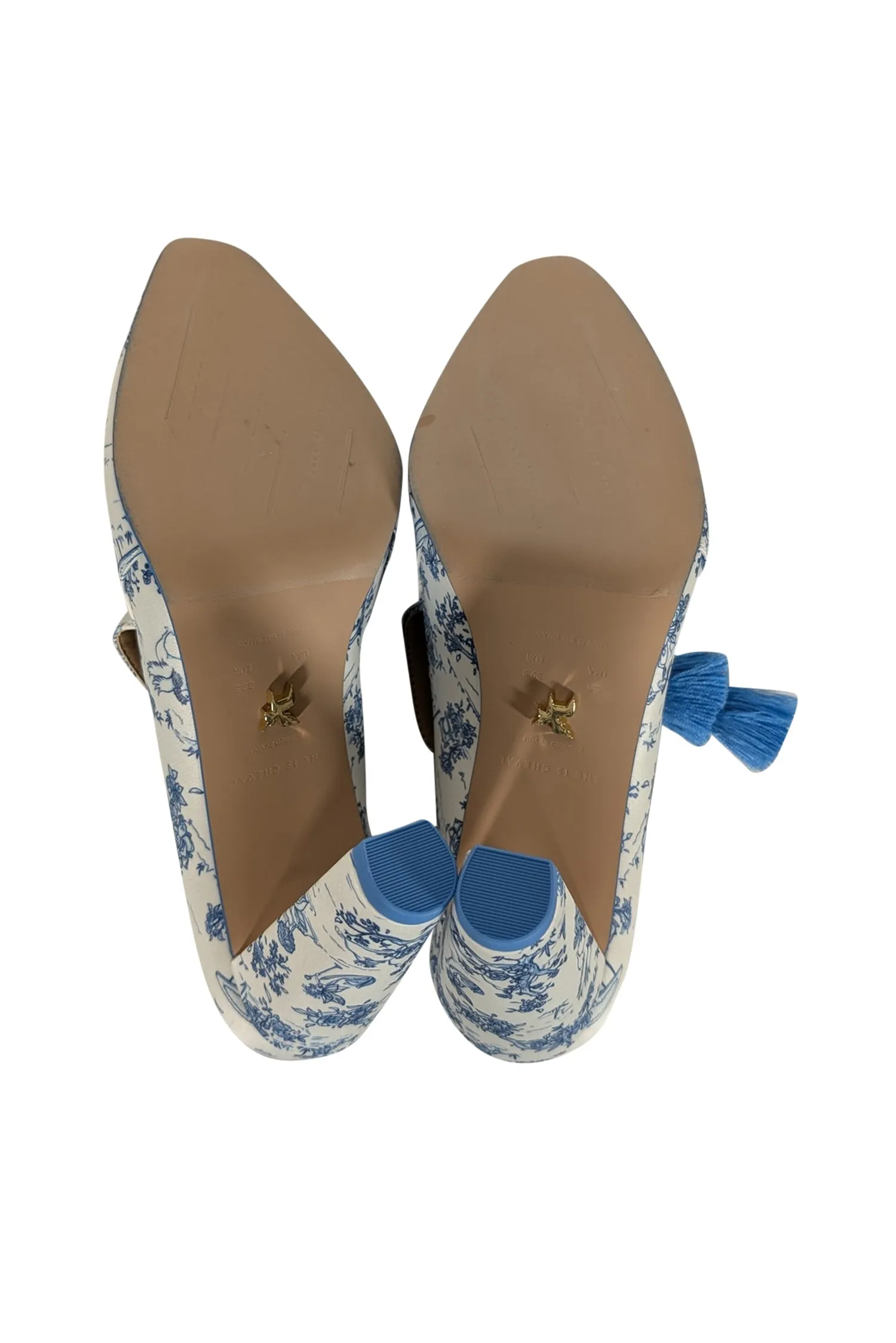 She Is Cheval - White & Blue Toile Print Satin Heels Sz 8.5