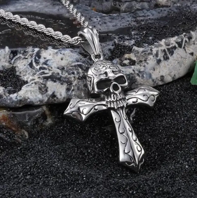 Skull Cross Pendant Necklace Goth Punk Style