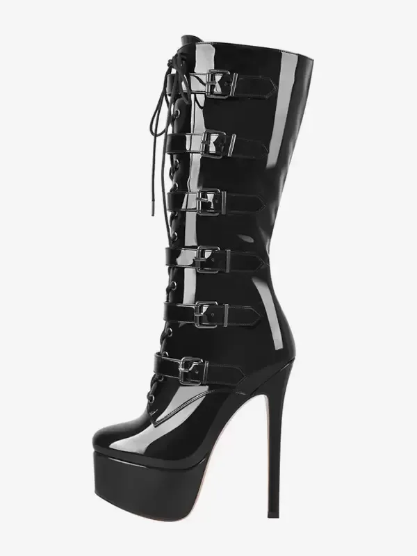 Stiletto Heel Knee-High Boots in PU Leather with Buckle