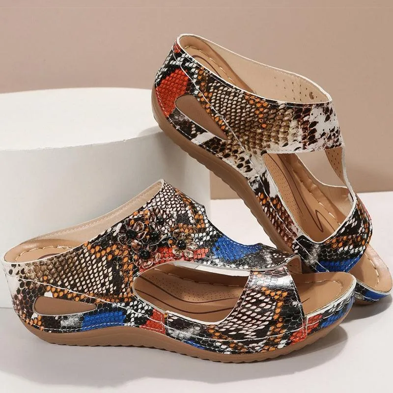 Stitched Floral Wedge Sandal Shoes