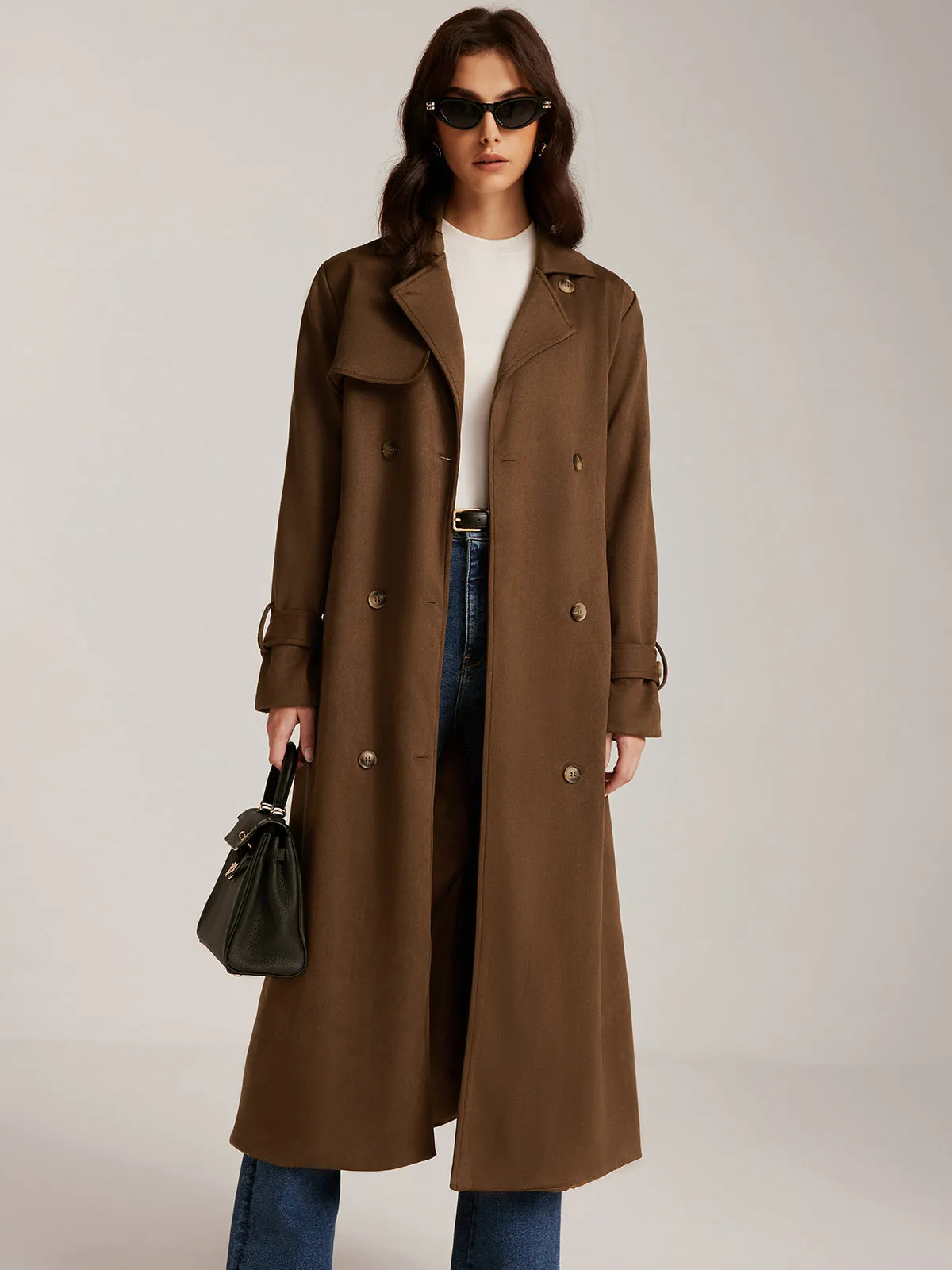 Suede Belted Button Long Trench Coat