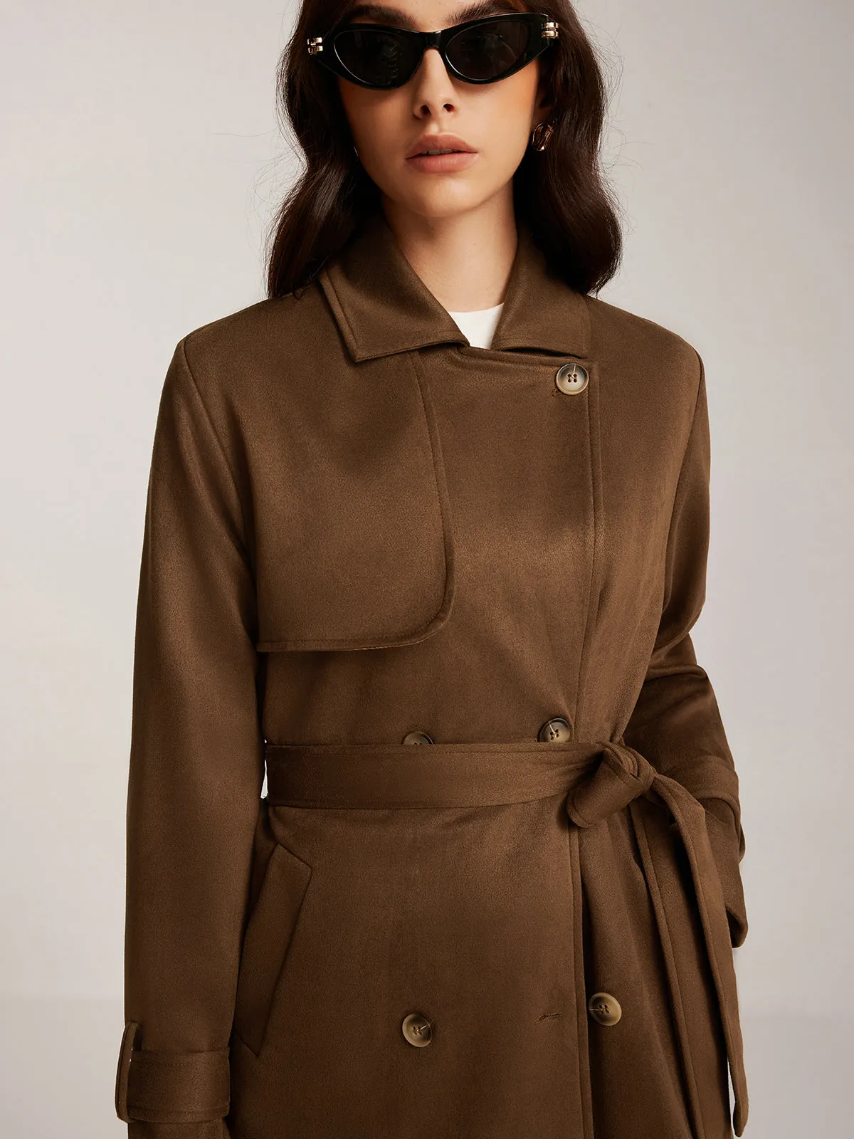 Suede Belted Button Long Trench Coat