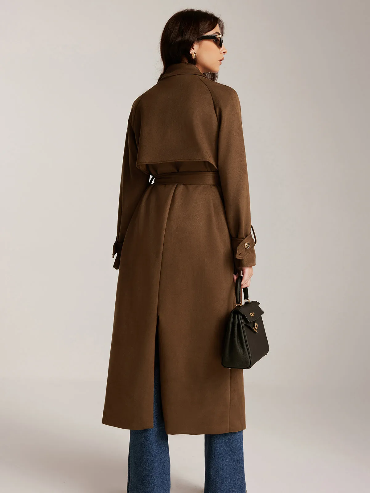 Suede Belted Button Long Trench Coat