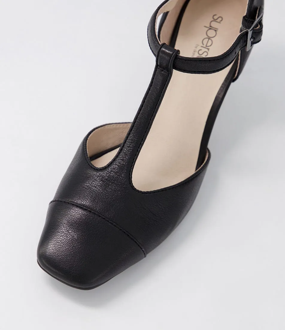 SUPERSOFT Beelieve Black Leather Mary Jane Heels