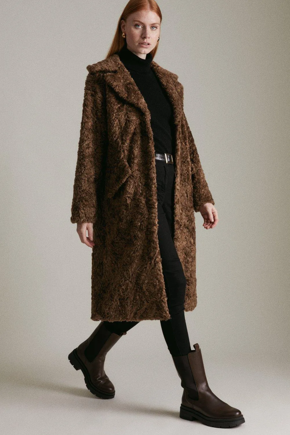 Textured Faux Fur Long Coat