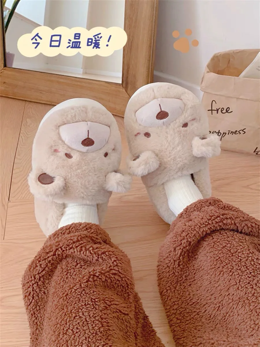 Thin strips of plush children's cotton slippers in winter cute bear boys and girls bag heels warm parent-child home shoes