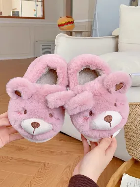 Thin strips of plush children's cotton slippers in winter cute bear boys and girls bag heels warm parent-child home shoes