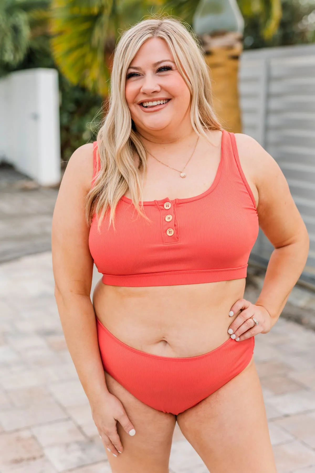 Tomato Red Ribbed Swim Top for Summer