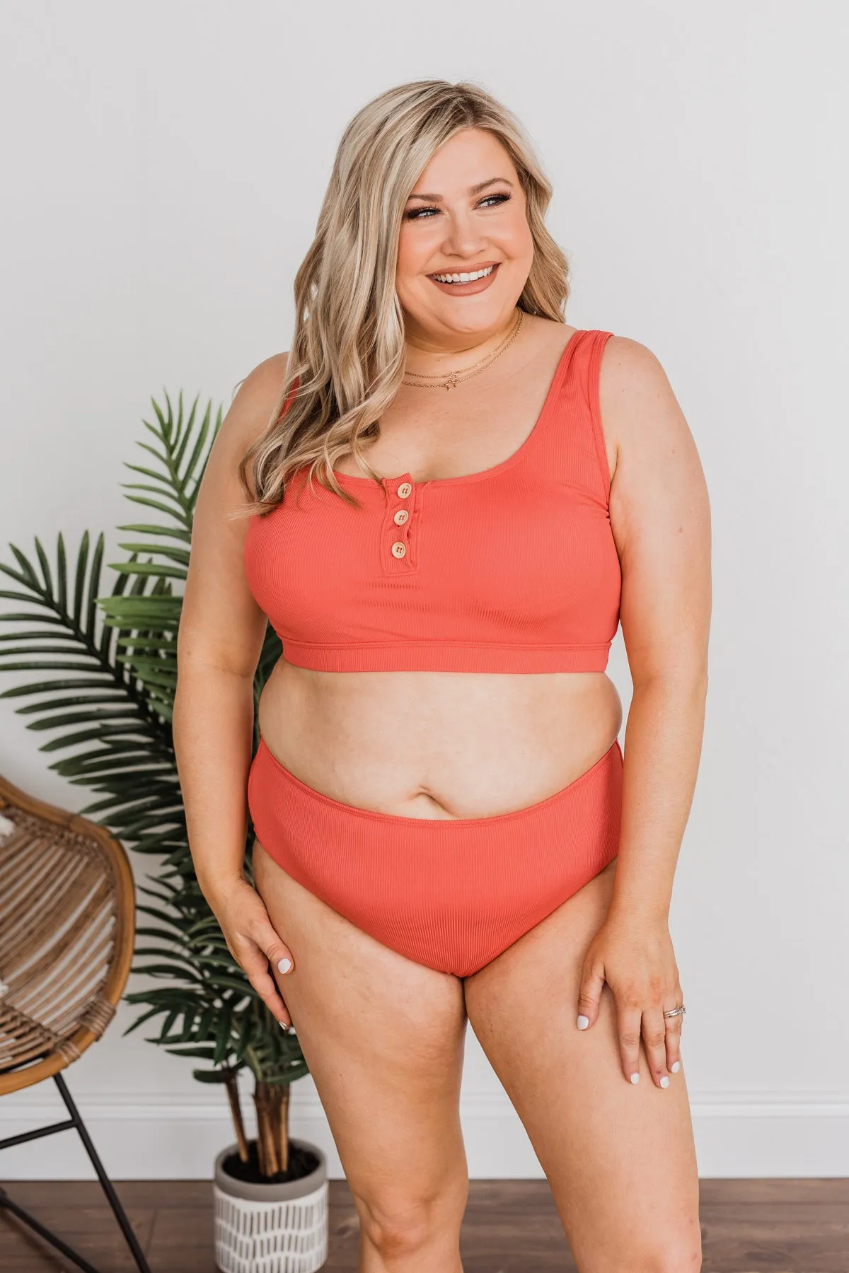 Tomato Red Ribbed Swim Top for Summer