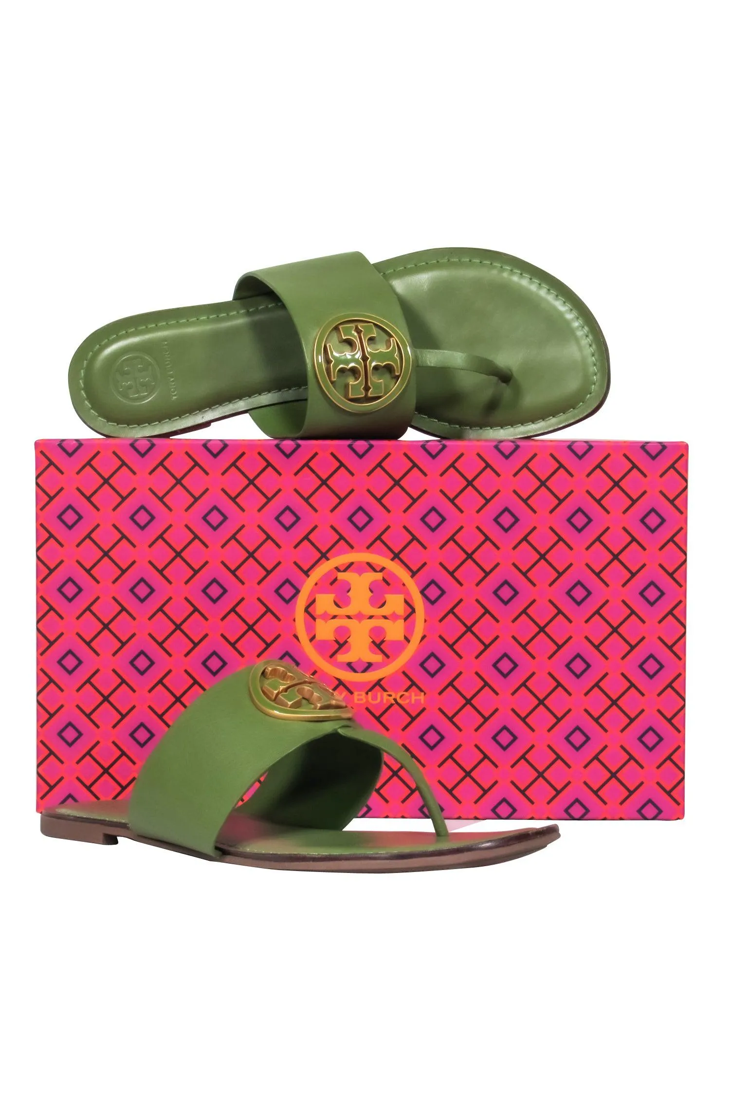 Tory Burch – Green Leather Thong Flat Sandals Sz 9.5