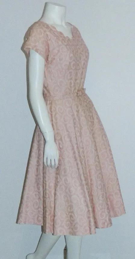 vintage 1950s dress peach pink L'Aiglon swirls 50s embroidered day dress XS