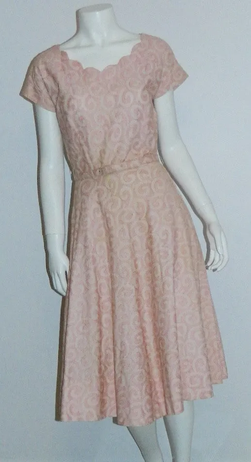 vintage 1950s dress peach pink L'Aiglon swirls 50s embroidered day dress XS