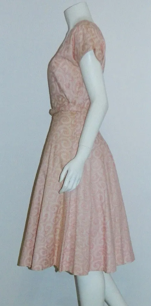 vintage 1950s dress peach pink L'Aiglon swirls 50s embroidered day dress XS