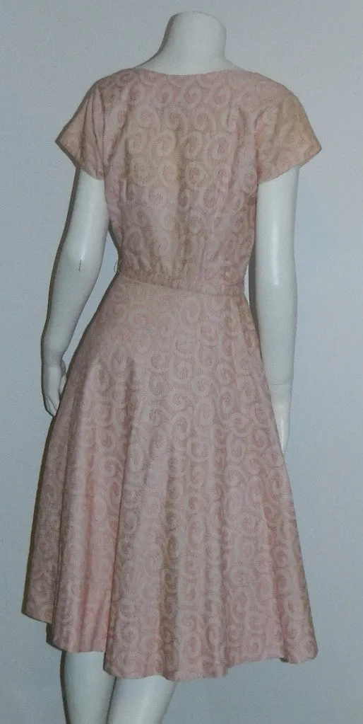 vintage 1950s dress peach pink L'Aiglon swirls 50s embroidered day dress XS