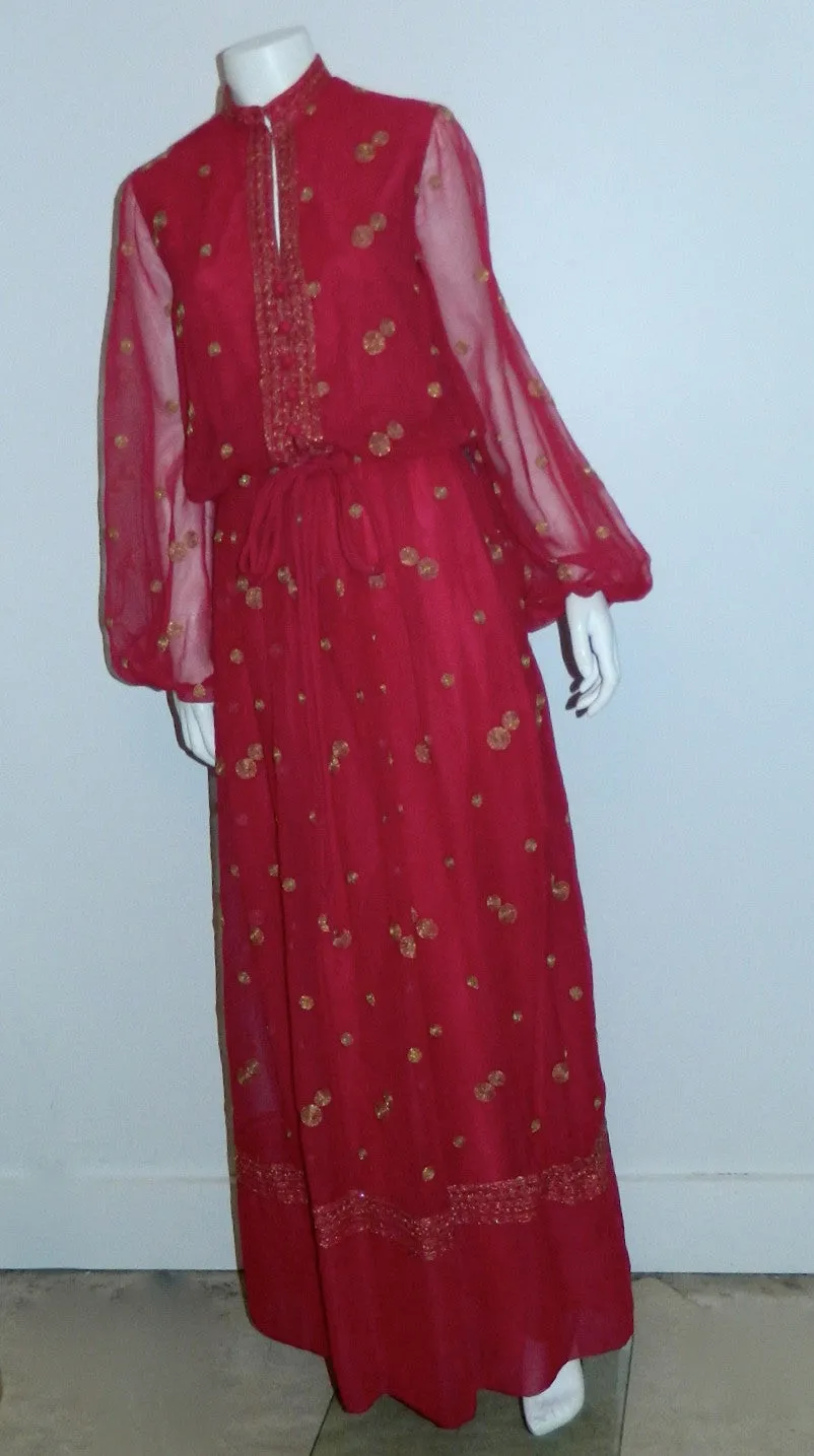 vintage 1970s Boho gown / magenta chiffon Jack Bryan maxi dress / gold embroidery XS - S