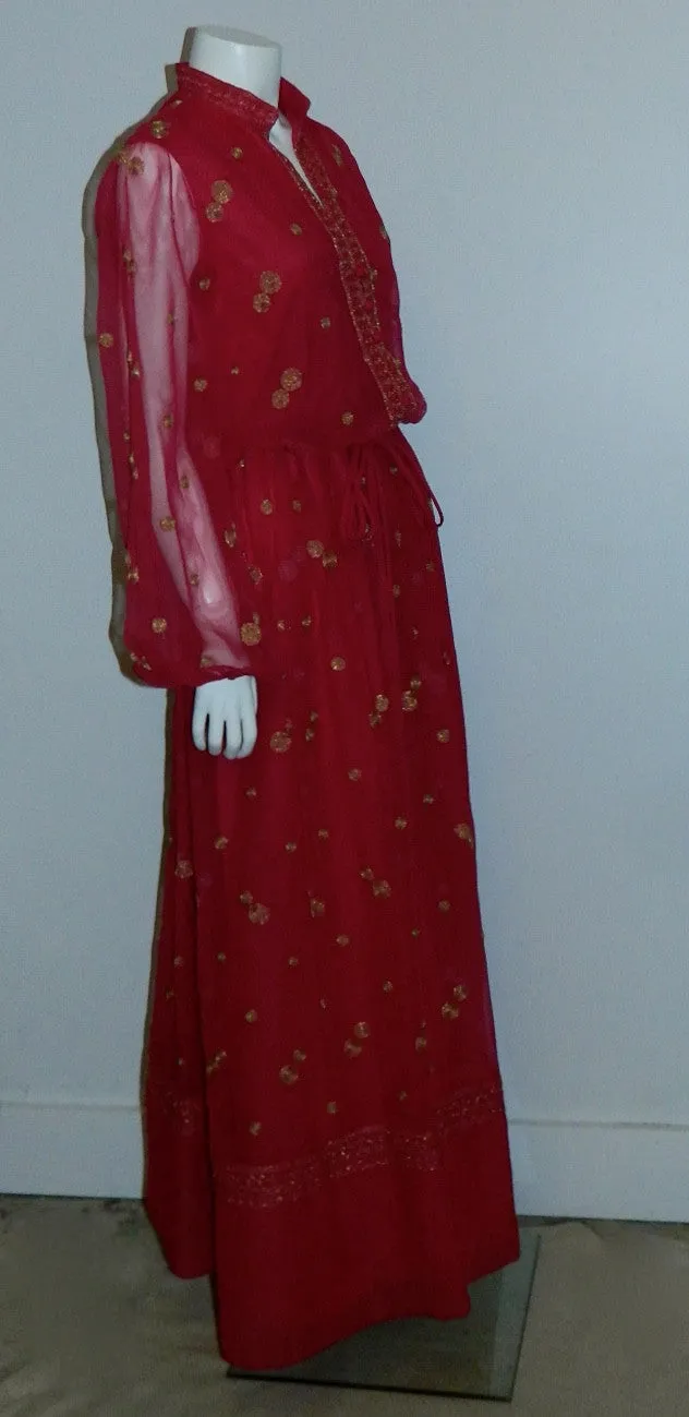 vintage 1970s Boho gown / magenta chiffon Jack Bryan maxi dress / gold embroidery XS - S