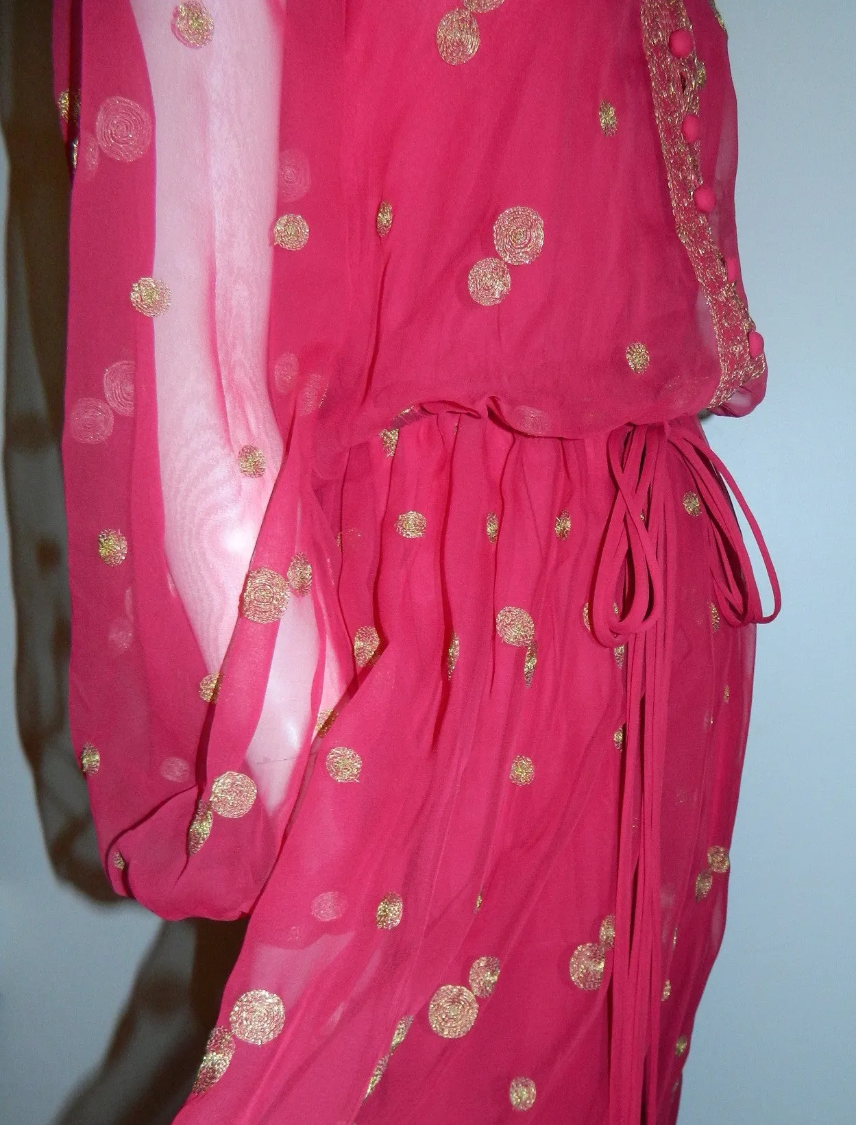 vintage 1970s Boho gown / magenta chiffon Jack Bryan maxi dress / gold embroidery XS - S