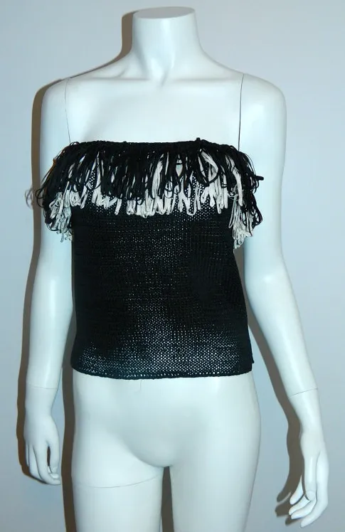 vintage 1980s black tube top Jennifer George Sweaters woven rayon knit shirt / fringe edge