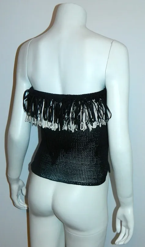 vintage 1980s black tube top Jennifer George Sweaters woven rayon knit shirt / fringe edge