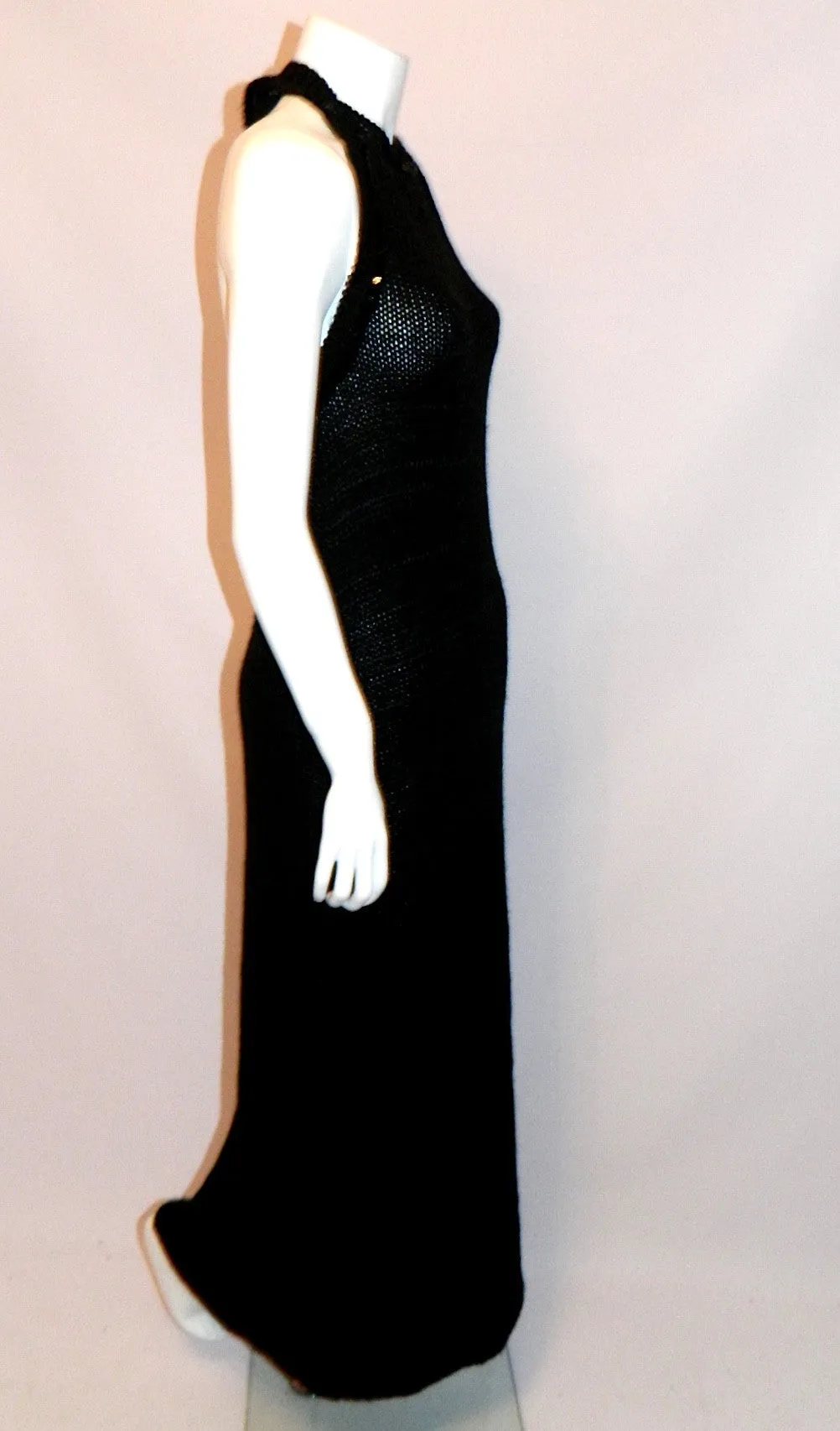 vintage COURREGES dress / 1960s MOD black crochet knit halter maxi gown XS