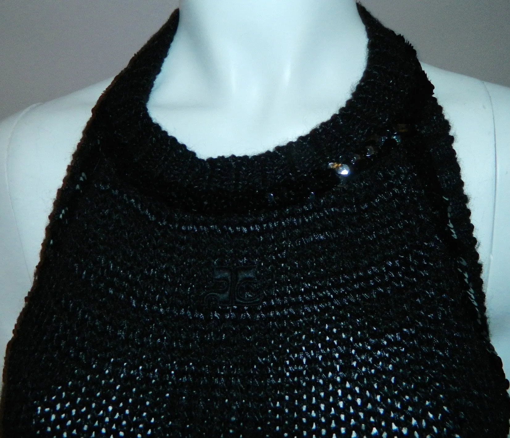 vintage COURREGES dress / 1960s MOD black crochet knit halter maxi gown XS