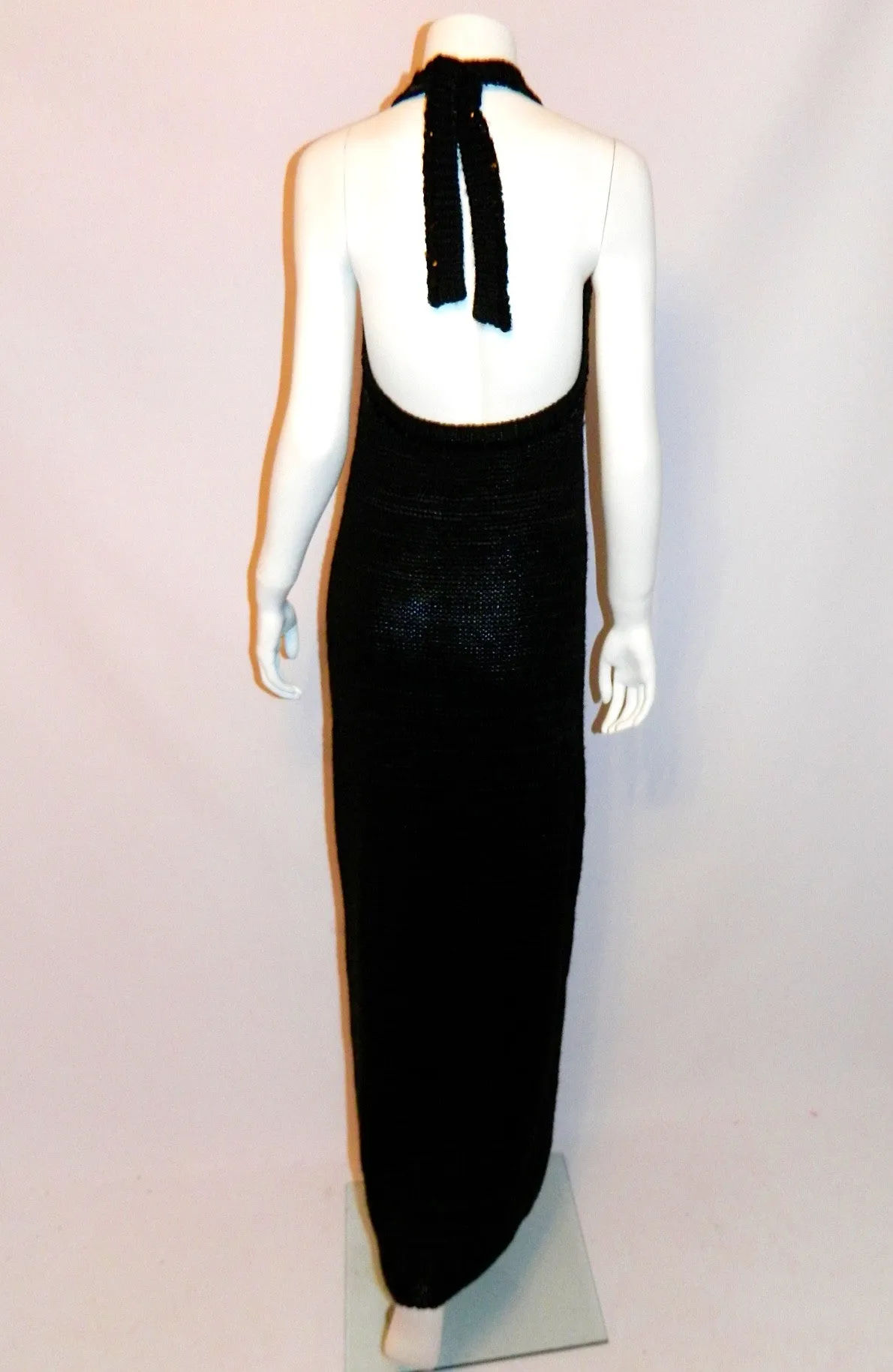 vintage COURREGES dress / 1960s MOD black crochet knit halter maxi gown XS