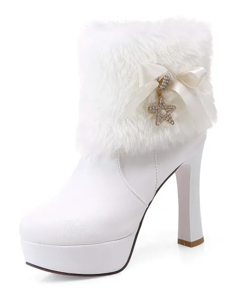 White Ankle Fur Gold Star Platform Boots