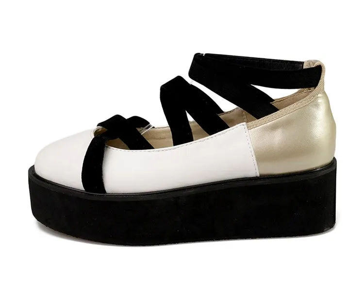 White Gold Platforms Ballets Flats with Strappy Cross Straps Ballerina Shoes