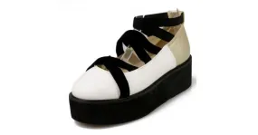 White Gold Platforms Ballets Flats with Strappy Cross Straps Ballerina Shoes