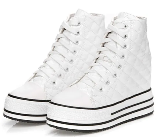 White Patent Quilted High Top Sneakers with Lace Up Hidden Wedges Platforms Shoes