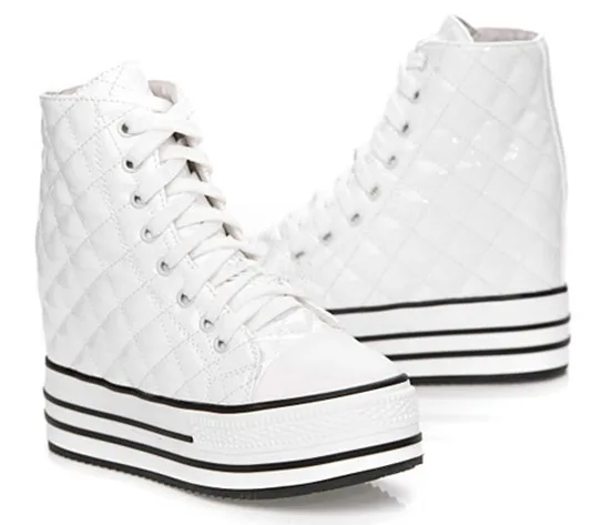 White Patent Quilted High Top Sneakers with Lace Up Hidden Wedges Platforms Shoes