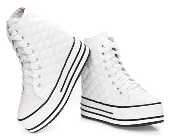 White Patent Quilted High Top Sneakers with Lace Up Hidden Wedges Platforms Shoes