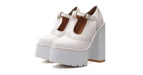 White Punk Rock T-Strap High Heels Platforms