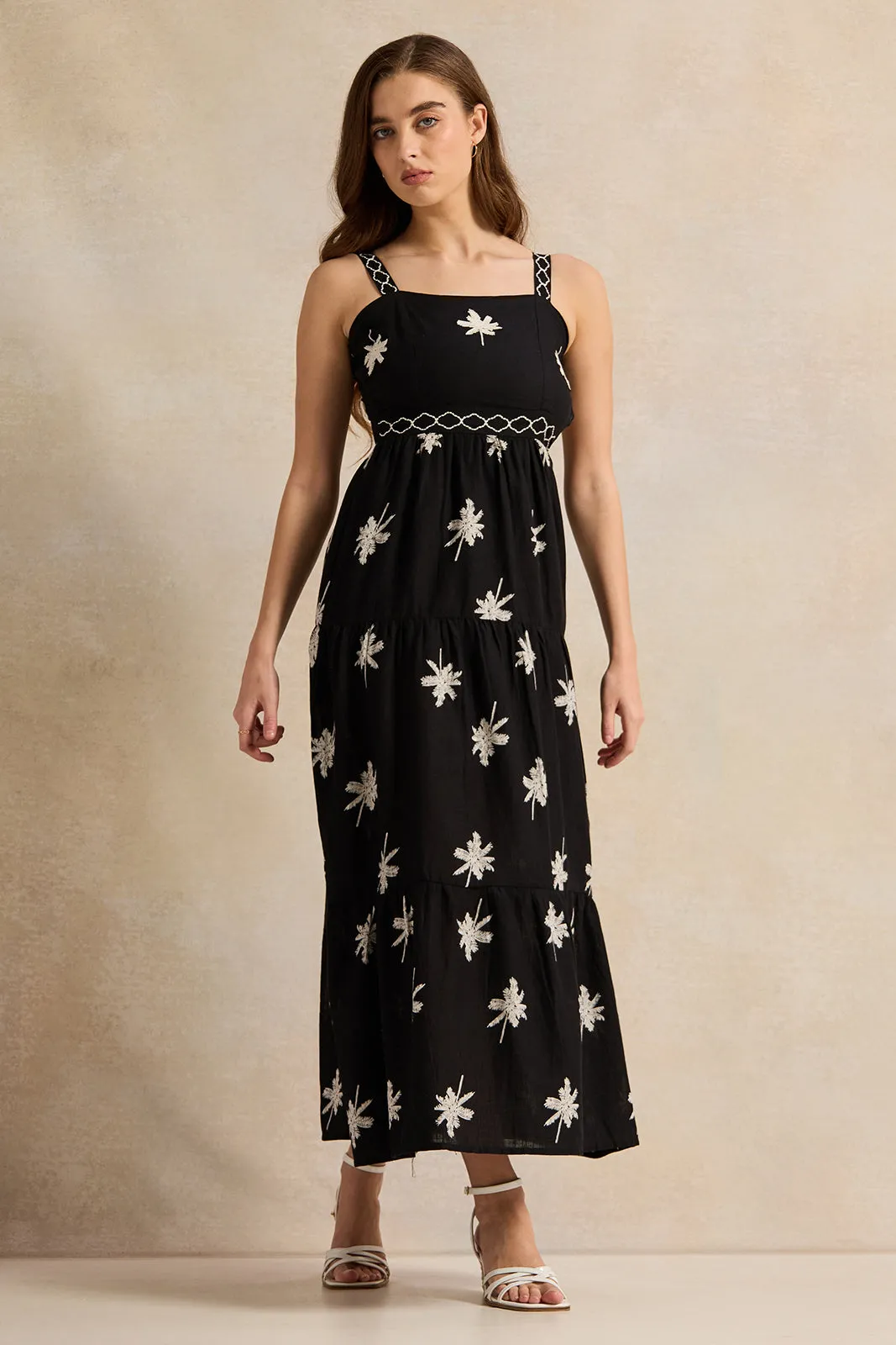 Women Black Embroidered Palm Pint Strap Dress