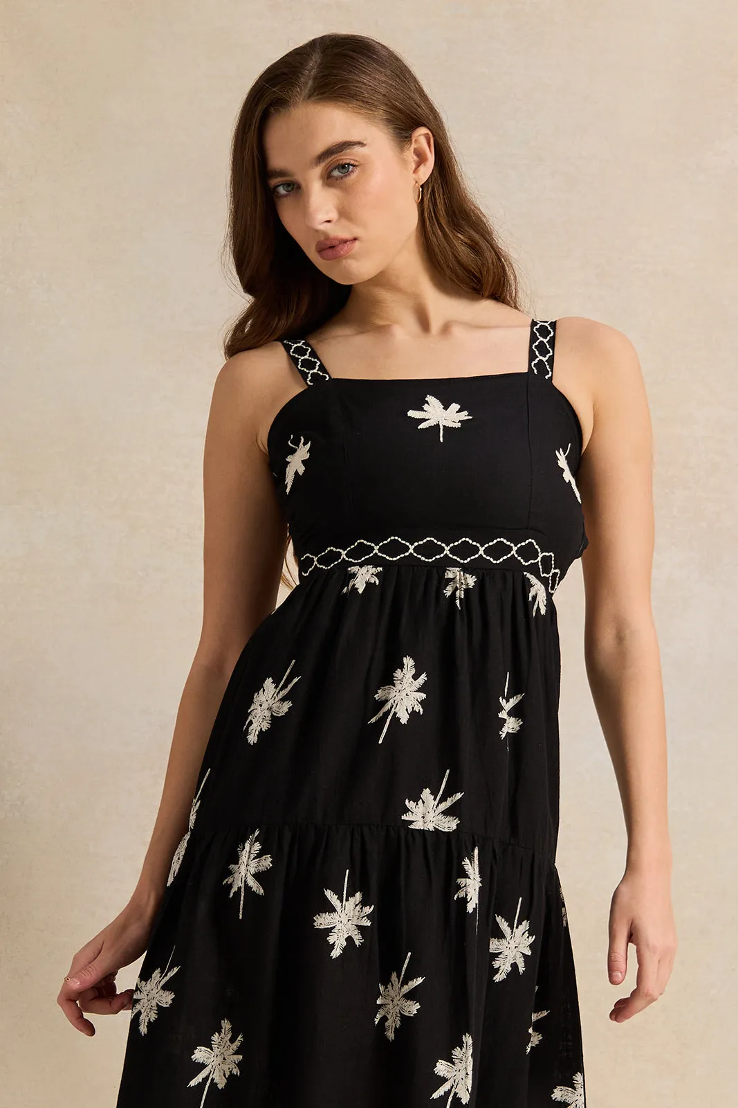 Women Black Embroidered Palm Pint Strap Dress