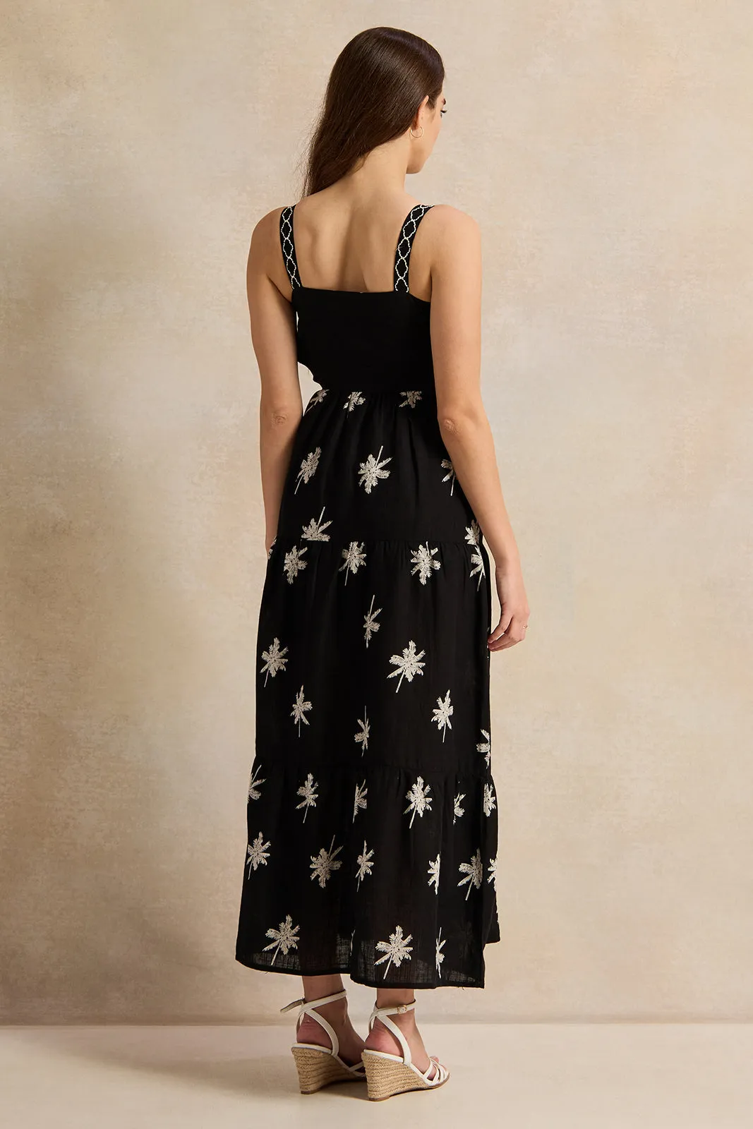 Women Black Embroidered Palm Pint Strap Dress