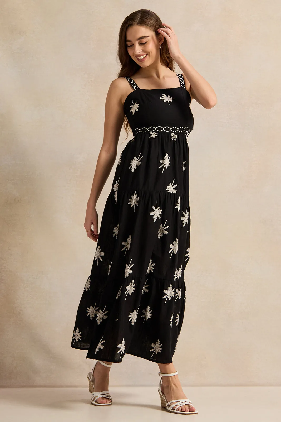 Women Black Embroidered Palm Pint Strap Dress