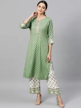 Women Green White Printed Kurta with Trousers