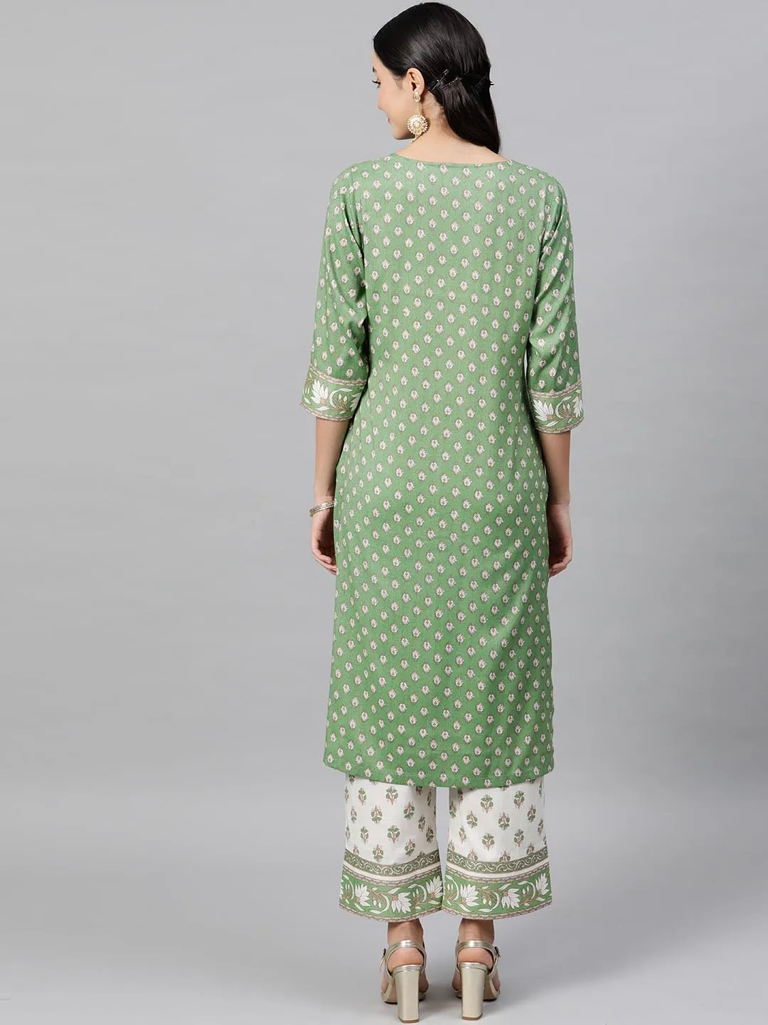 Women Green White Printed Kurta with Trousers