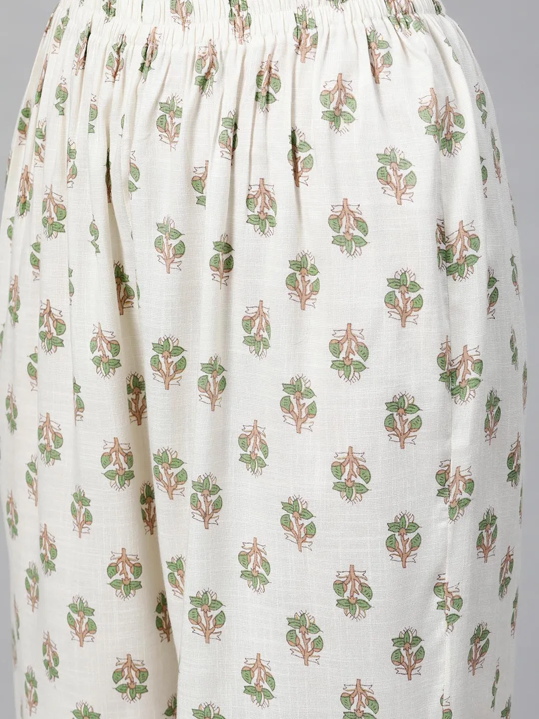 Women Green White Printed Kurta with Trousers