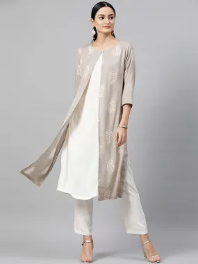 Women Grey White Printed Kurta with Trousers