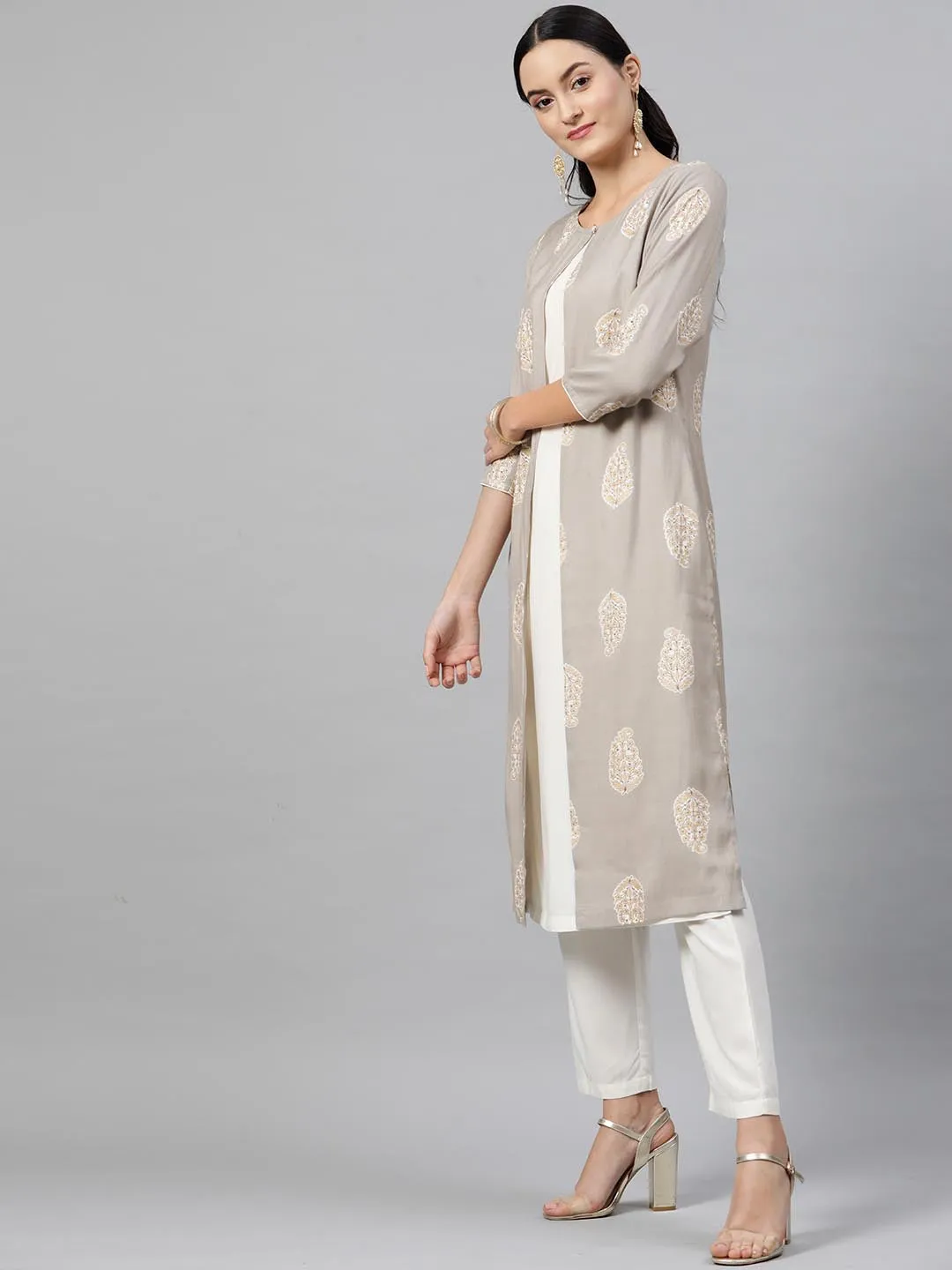 Women Grey White Printed Kurta with Trousers